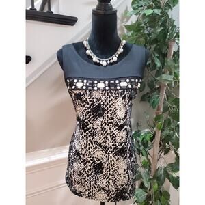 FYLO Women's Black & Beige Jeweled Round Neck Sleeveless Top Blouse Size L/G